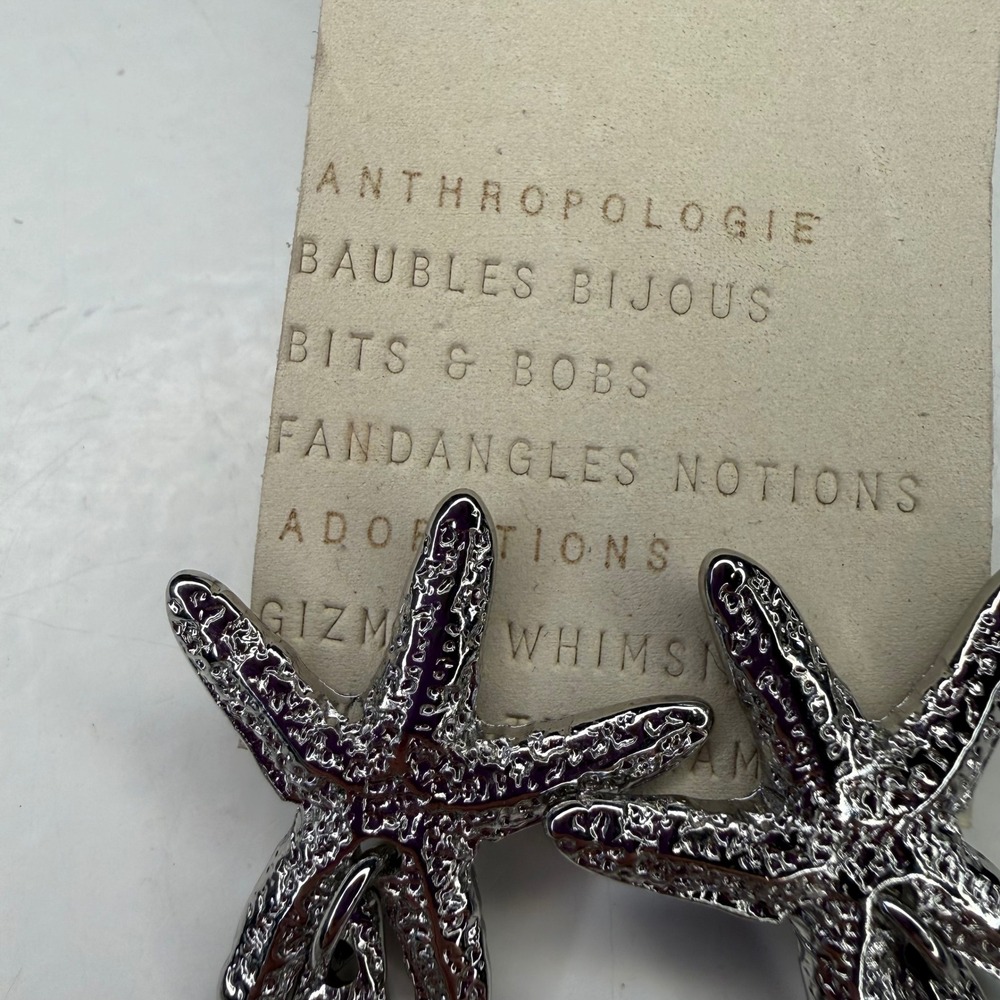 NEW Anthropologie Silver Textured Starfish Drop Earrings Nautical Coastal Ocean - Picture 2 of 3